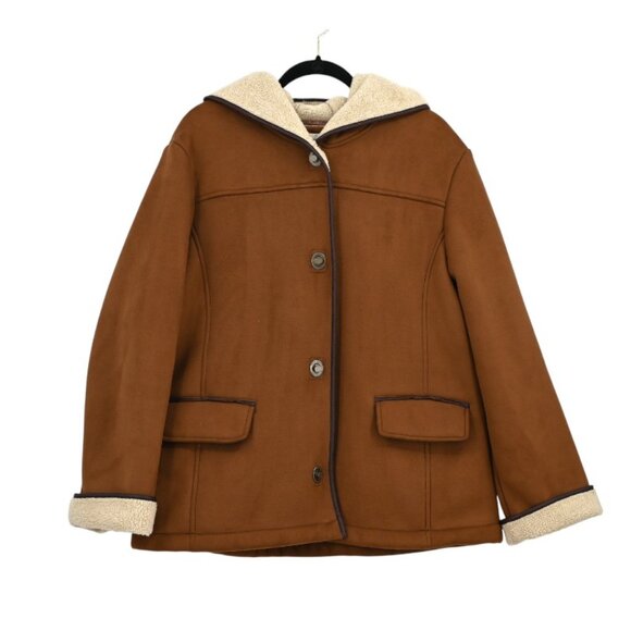 Jones New York 🤎 Brown Faux Leather Jacket with Cream Plush Lining ☁️ - Picture 1 of 16